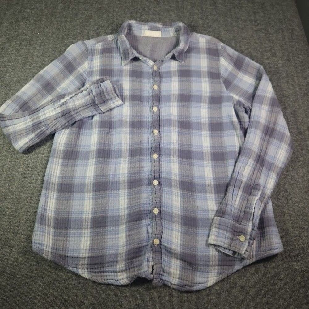 Cp Shades Cotton Button Down Blue Gray Plaid Coastal Beach Tunic Sz Medium Boho
